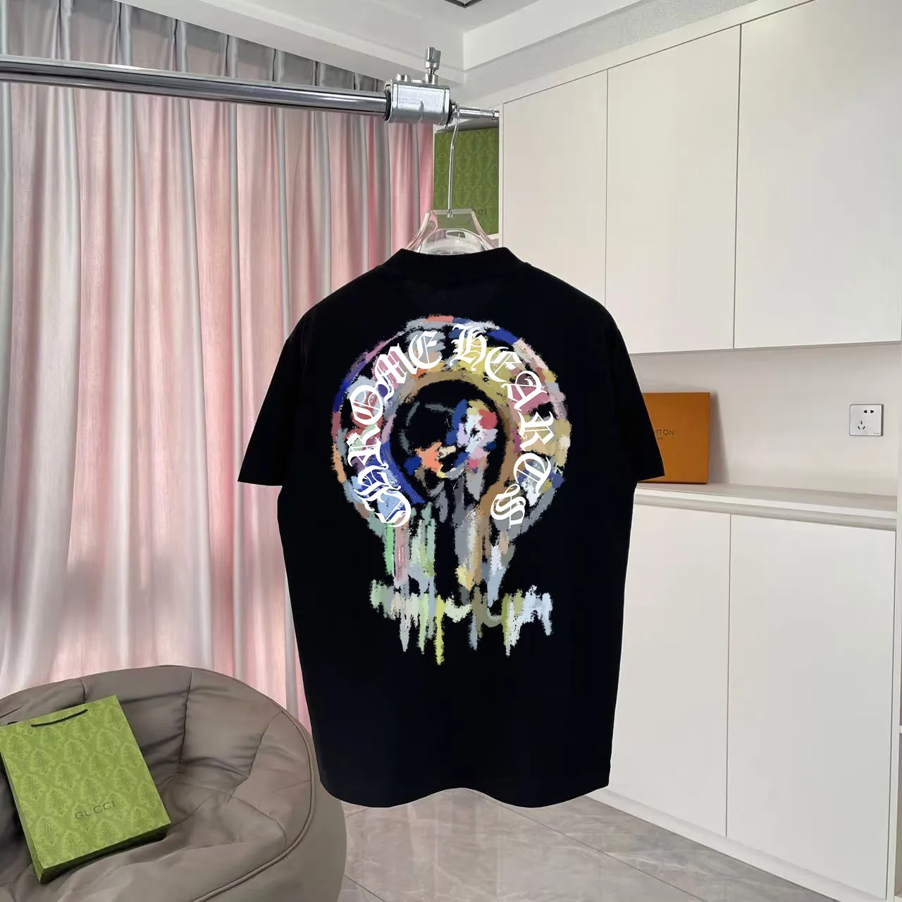 🅿️170 ch Cro* 2025 summer new style Sanskrit cross horseshoe print short-sleeved T-shirt customized fabric 300g same style for men and women Size: S M L XL XXL five sizes Color: black white pink iron gray